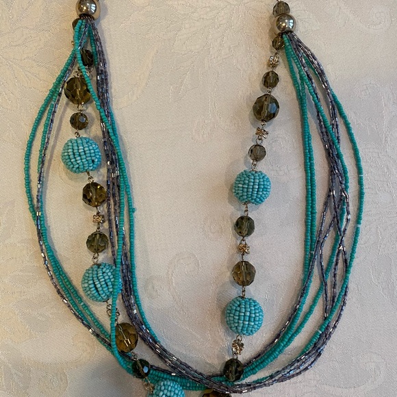 Turquoise and Gold Colored Beaded Necklace - Picture 4 of 9